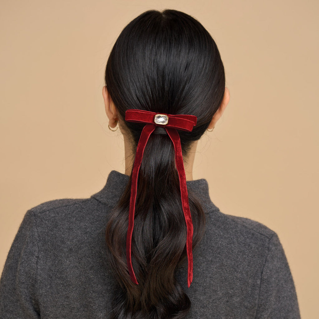 Velvet &amp; Gemstone Bow Hair Clip