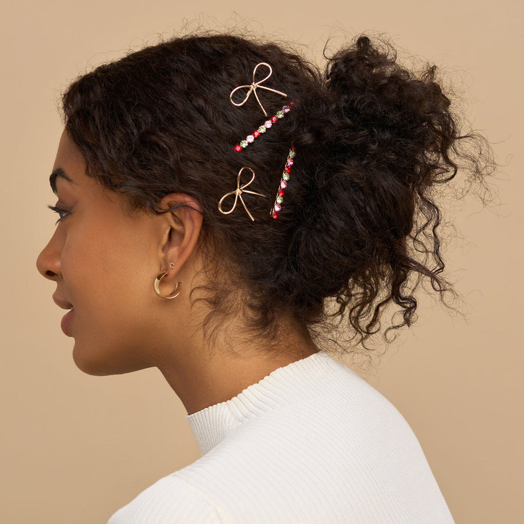 Red Pink &amp; Green Gemstone and Bow Bobby Pins