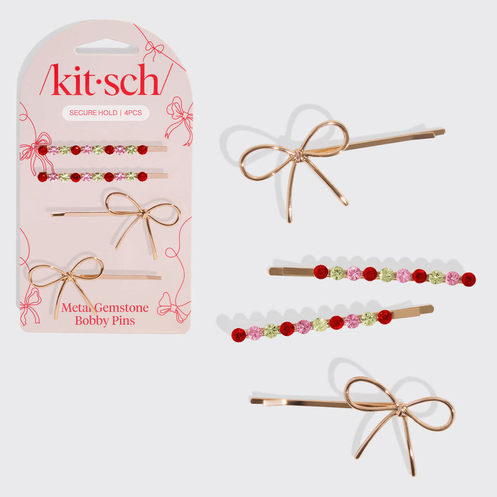 Red Pink &amp; Green Gemstone and Bow Bobby Pins