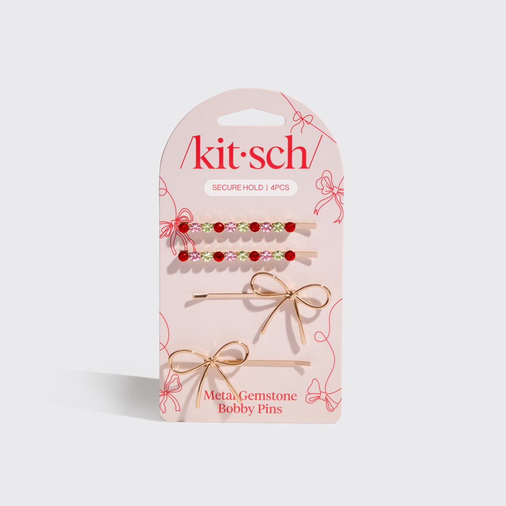 Red Pink &amp; Green Gemstone and Bow Bobby Pins