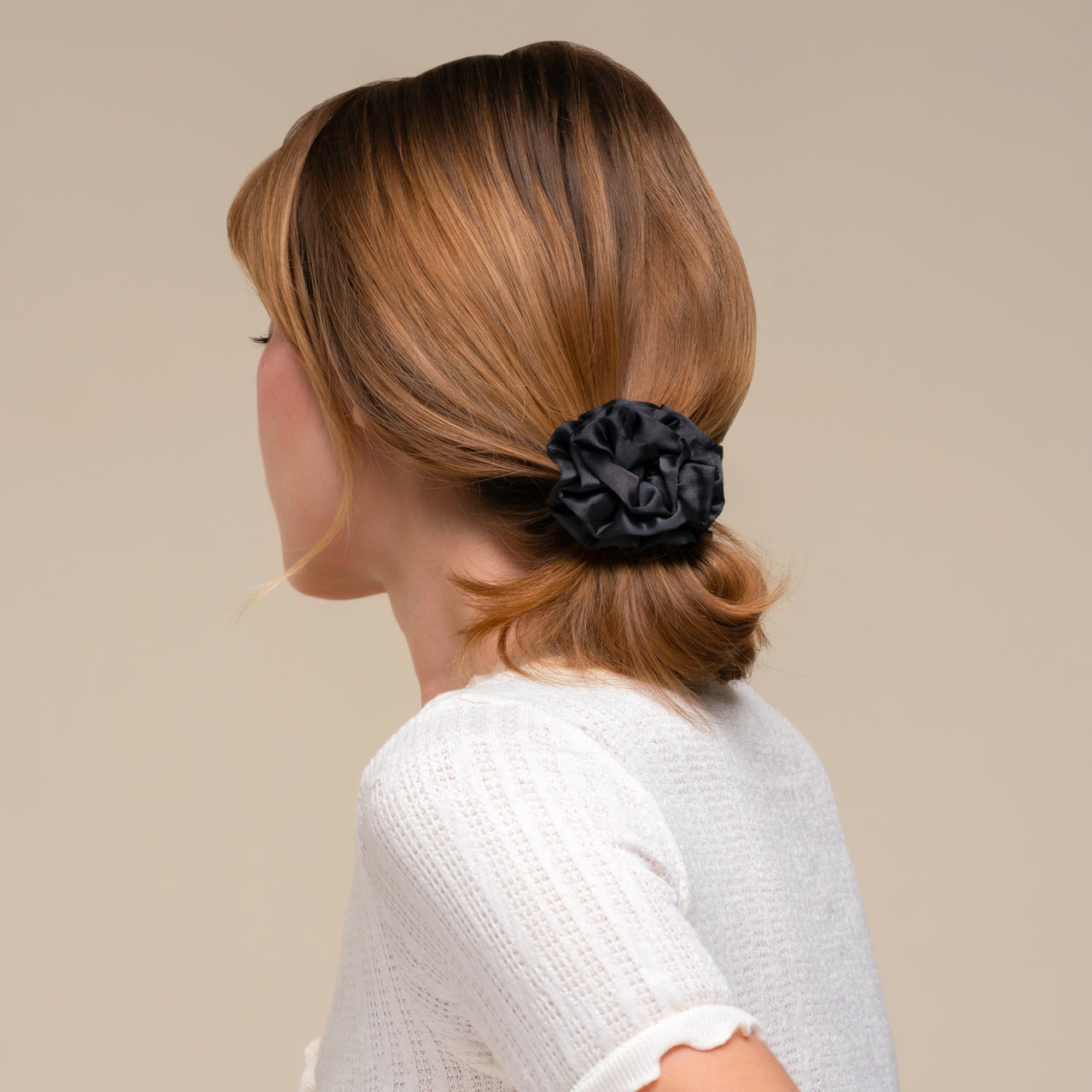 Black Rosette Ruched Satin Scrunchies