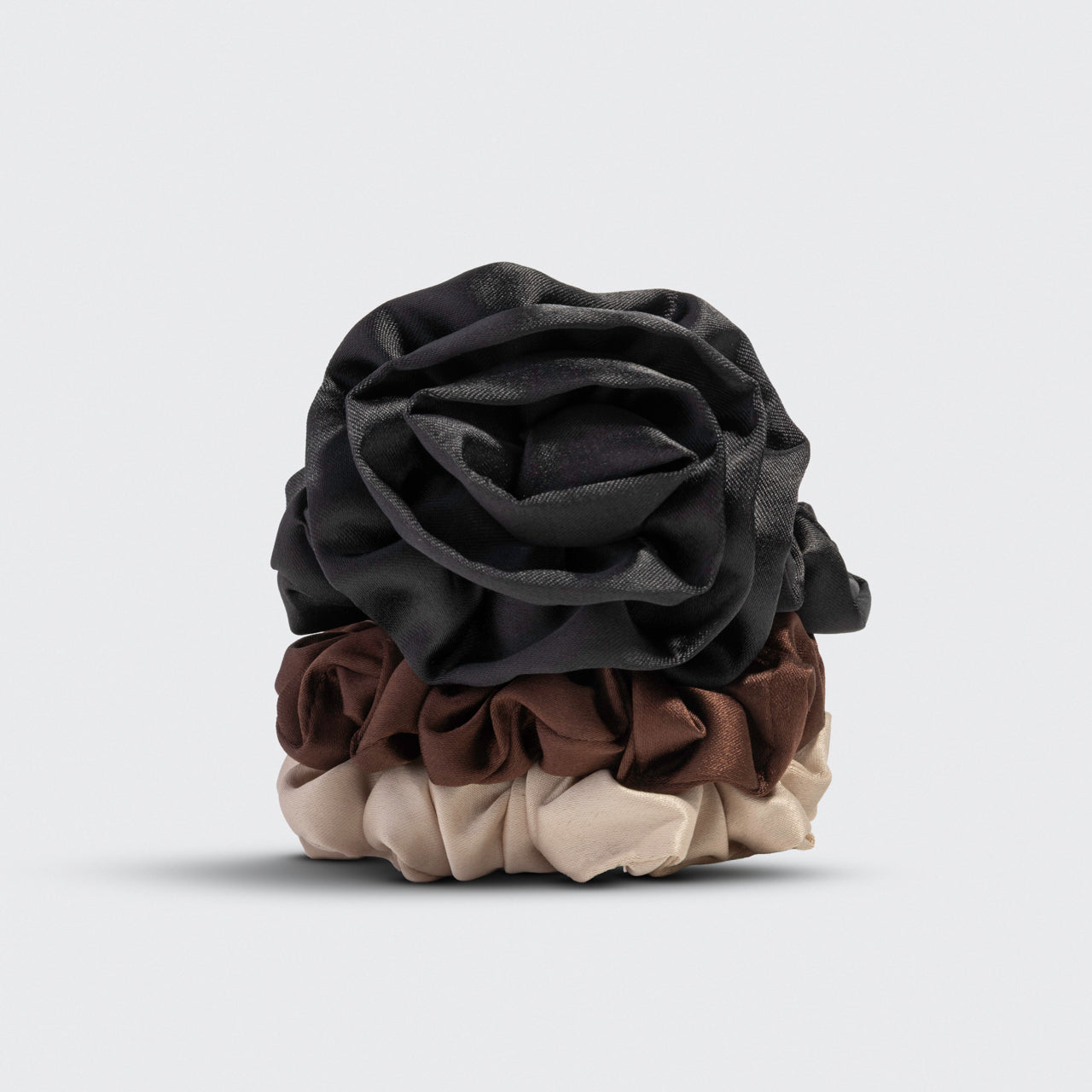 Black Rosette Ruched Satin Scrunchies