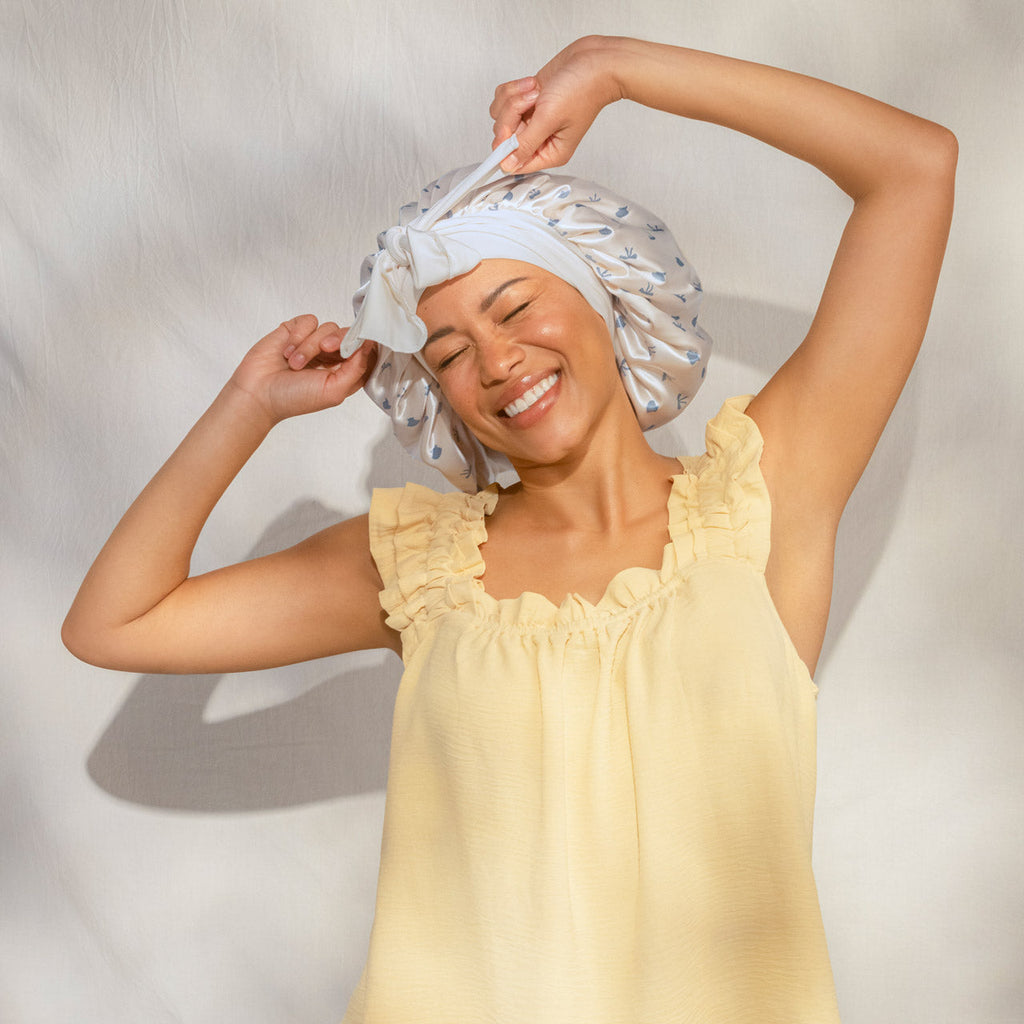 Pearlized Cream &amp; Coastal Blue Print Oversized Satin Bonnet