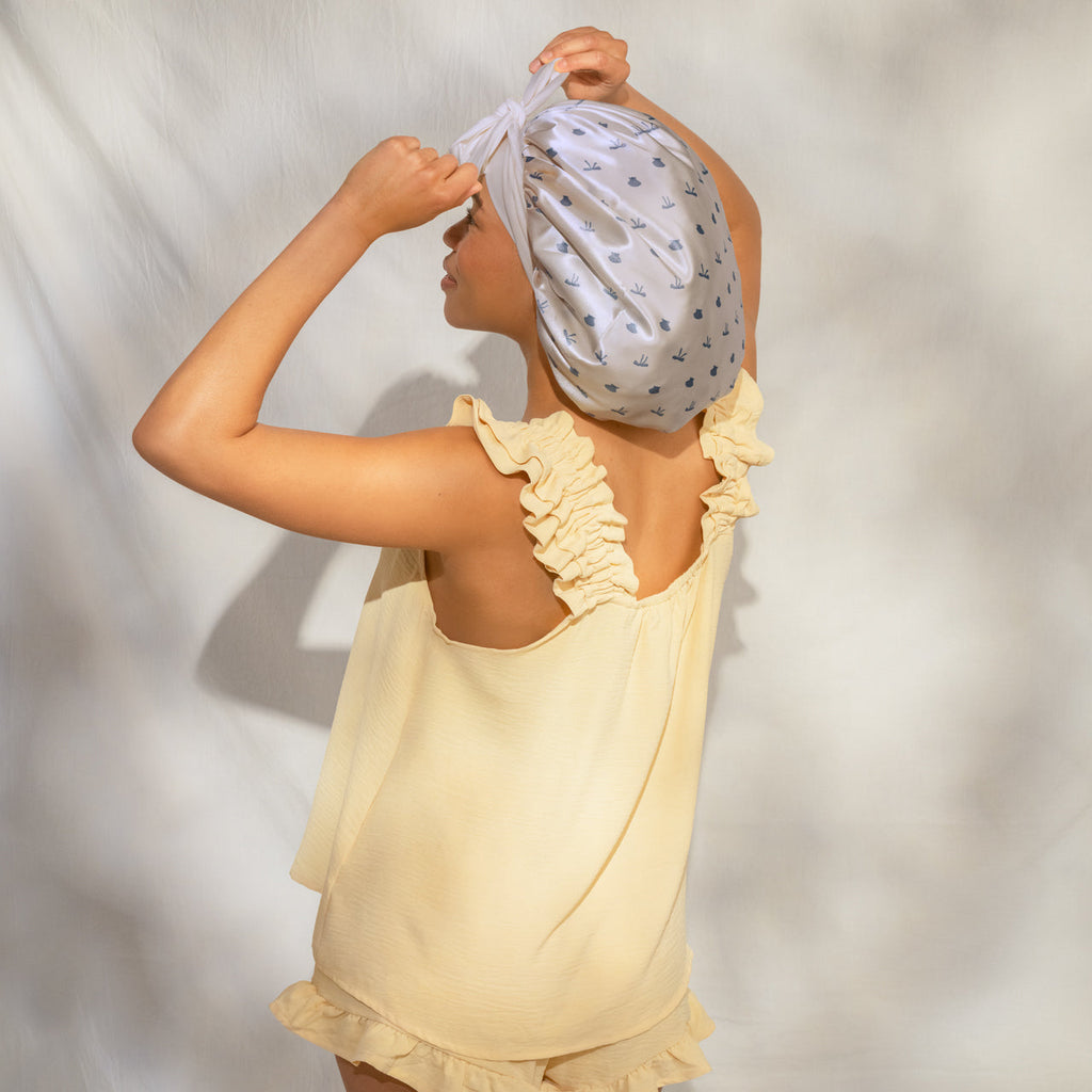 Pearlized Cream &amp; Coastal Blue Print Oversized Satin Bonnet
