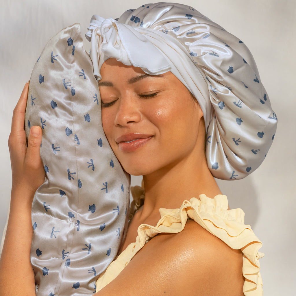 Satin Pillowcase in Pearlized Cream &amp; Coastal Blue Print
