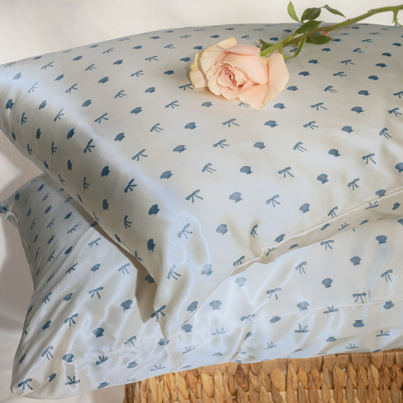 Satin Pillowcase in Pearlized Cream &amp; Coastal Blue Print