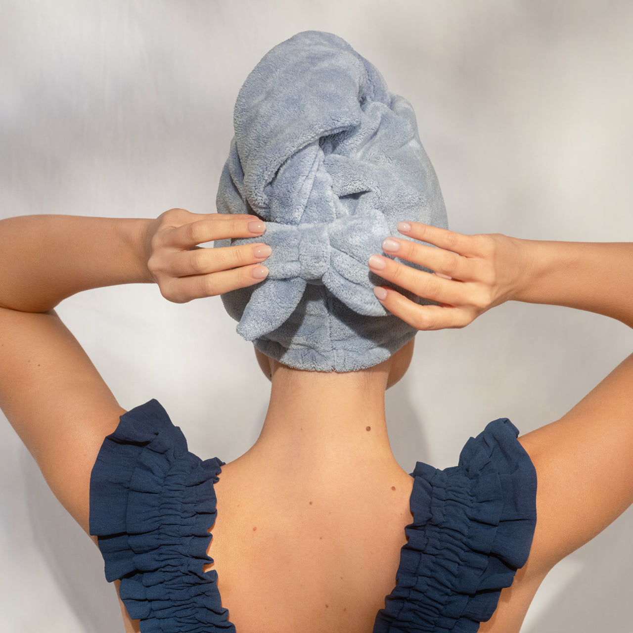 Coastal Blue Plush Microfiber Hair Towel Turban with Bow