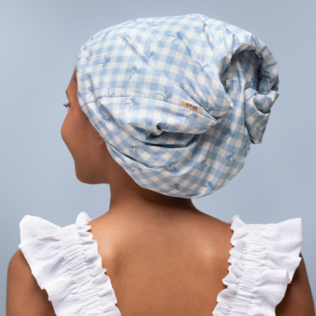 Gingham Blue Satin Lined Flexi Shower Cap