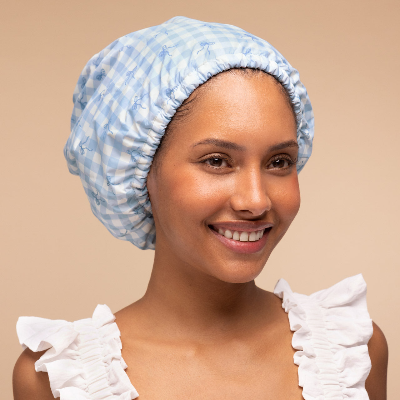Gingham Blue Satin Lined Flexi Shower Cap
