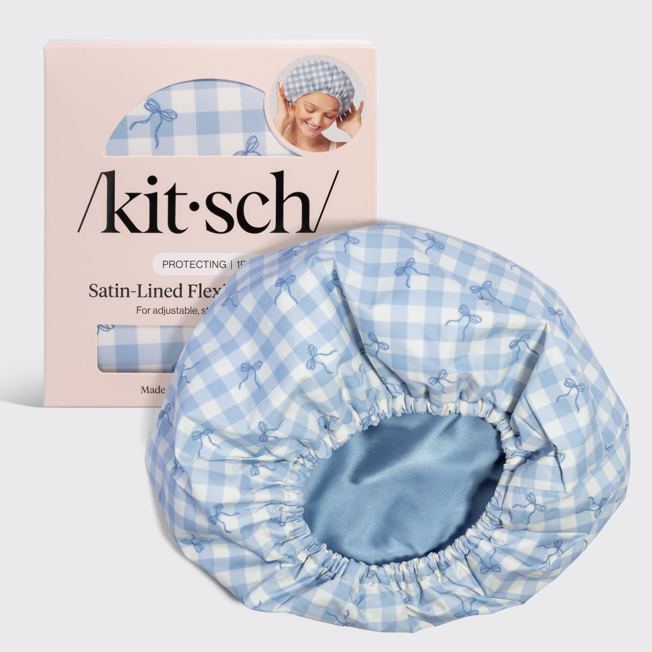 Gingham Blue Satin Lined Flexi Shower Cap