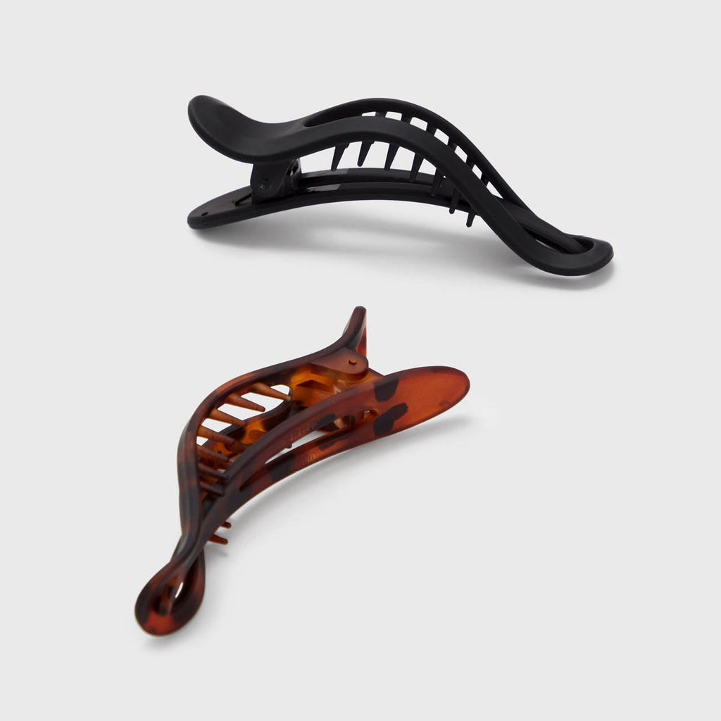 Black &amp; Tort Curved Flat Lay Claw Clips 2pc Set