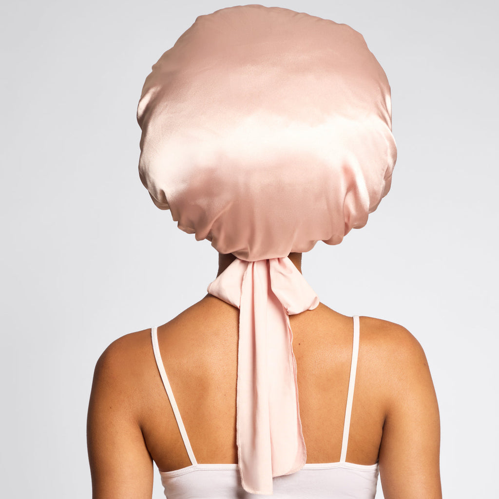 Satin Lined Flexi Shower Cap + Blush Oversized Satin Bonnet Bundle